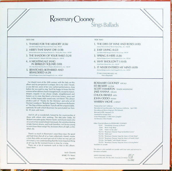 Release: Rosemary Clooney Sings Ballads-Vinyl-US-1985-CJ 282-6231689