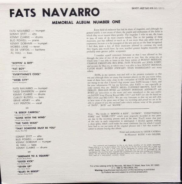 Release: Fats-Bud-Klook-Sonny-Kinney-Vinyl-US-1985-SJC 416-8668601