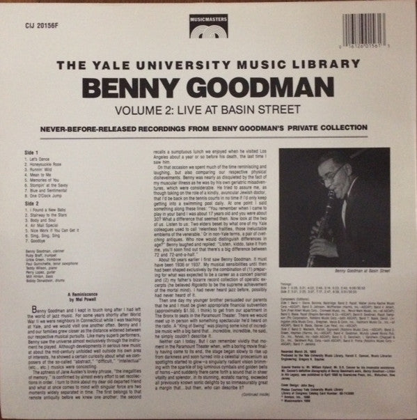 Release: The Yale University Music Library- Benny Goodman, Volume 2: Live At Basin Street-Vinyl-US-1988-CIJ 20156F-7643282