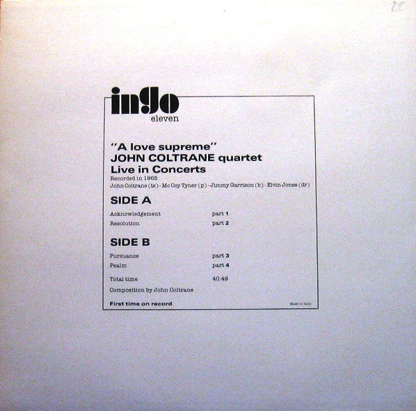 Master Release: "A Love Supreme" Live In Concert by The John Coltrane Quartet