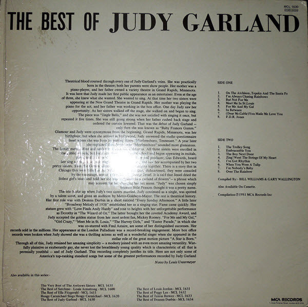 Release: Best Of Judy Garland-Vinyl-UK-1981-MCL 1630-11529667