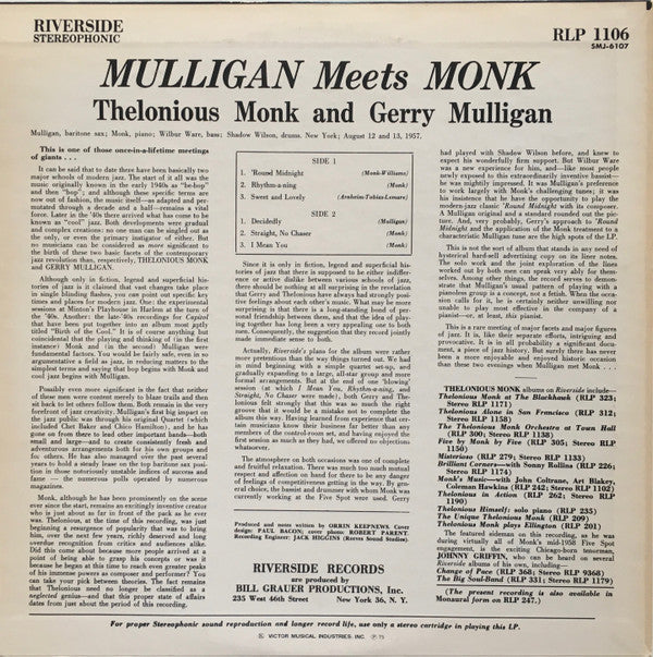 Master Release: Mulligan Meets Monk by Thelonious Monk