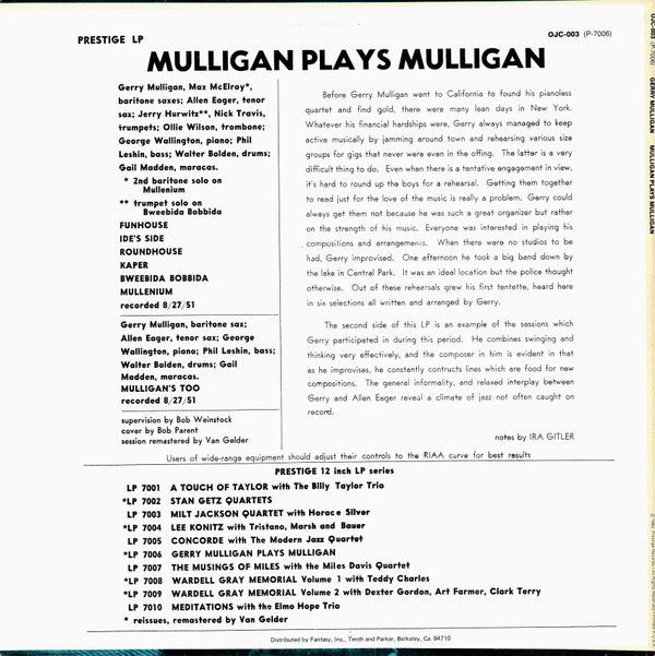 Release: Mulligan Plays Mulligan-Vinyl-US-1982-OJC-003, P-7006-2079398