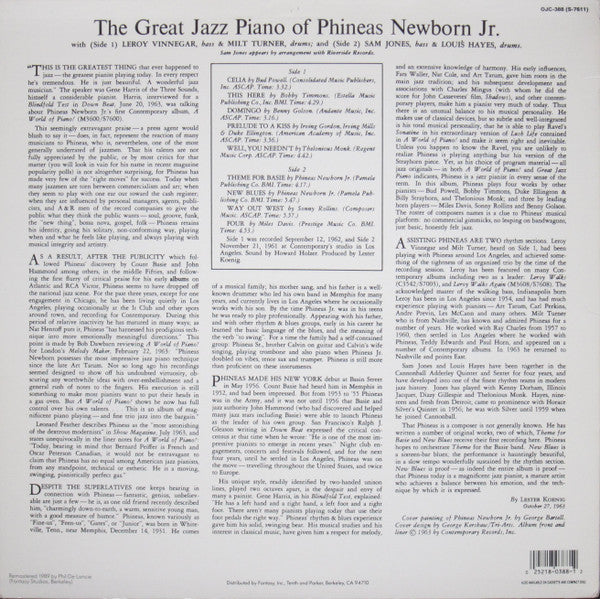 Release: The Great Jazz Piano Of Phineas Newborn Jr.-Vinyl-US-1989-OJC-388, S-7611-4966961