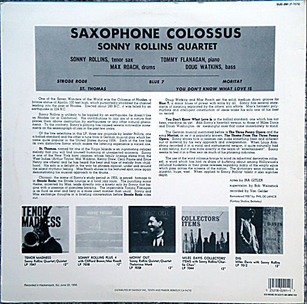 Release: Saxophone Colossus-Vinyl-US-1987-OJC-291, P-7079, LP 7079-1376103