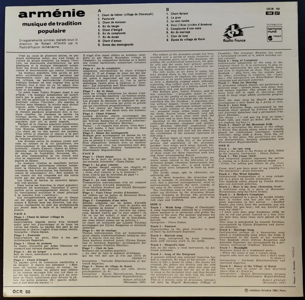 Release: Arménie - Musique De Tradition Populaire-Vinyl-France-1985-OCR 50-1554429