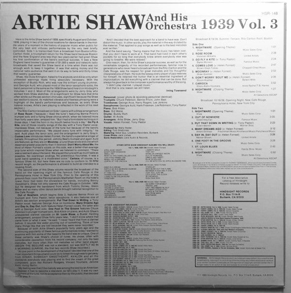 Release: The Uncollected Artie Shaw, Vol. 3, 1939-Vinyl-US-1980-HSR-148-5111152