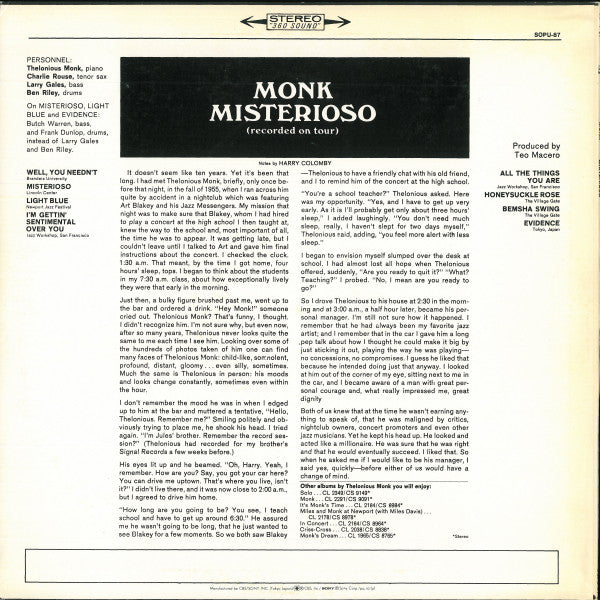Release: Misterioso (Recorded On Tour)-Vinyl-Japan-1974-SOPU 87, SOPU-87-4208010