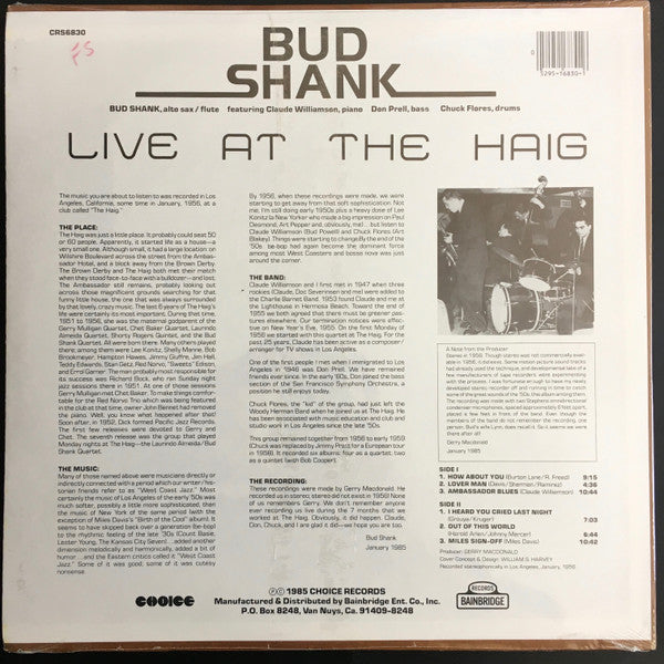 Master Release: Live At The Haig by Bud Shank