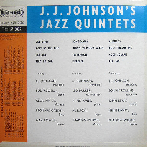 Release: J.J. Johnson's Jazz Quintets-Vinyl-France-None-SA 6029, 30 SA 6029, 6029-3414396
