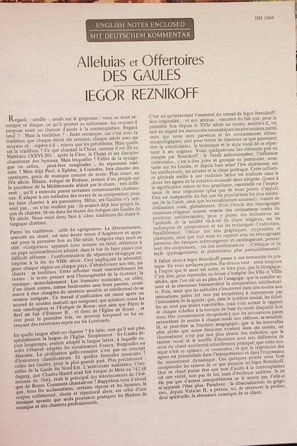 Release: Alleluias Et Offertoires Des Gaules-Vinyl-France-1980-HM 1044-11023848