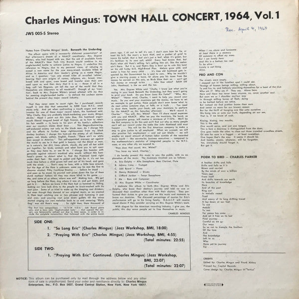 Release: Town Hall Concert, 1964, Vol. 1-Vinyl-US-1964-JWS 005-S-14021271