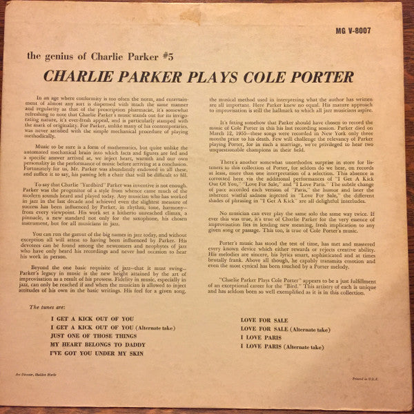 Release: Charlie Parker Plays Cole Porter-Vinyl-US-1957-MGV-8007, MG V-8007-11413183