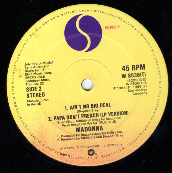 Release: Papa Don't Preach-Vinyl-UK-1986-W 8636 TW, W8636T, 920 503-0, W 8636(T)-23186324