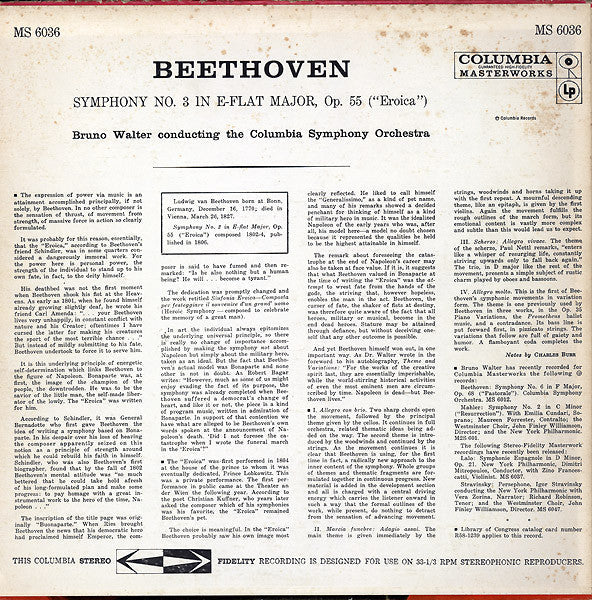 Release: Symphony No. 3 In E Flat Major, Op. 55  ("Eroica")-Vinyl-US-1959-MS 6036-4771377
