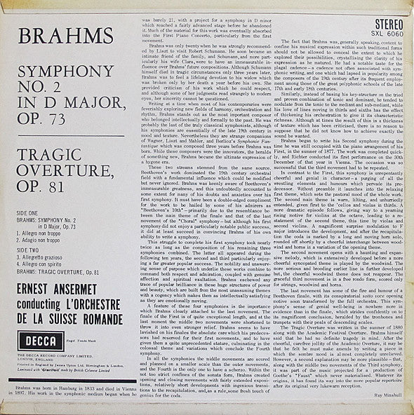 Release: Second Symphony ∙Tragic Overture-Vinyl-UK-1964-SXL 6060-4172405