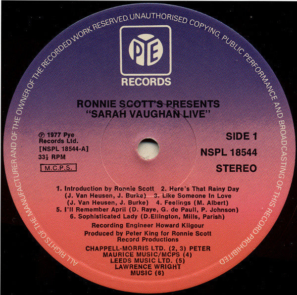 Release: Ronnie Scott's Presents Sarah Vaughan Live-Vinyl-UK-1977-NSPL 18544-1439692