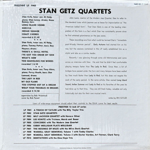 Release: Stan Getz Quartets-Vinyl-US-1984-OJC-121, P-7002-1118628