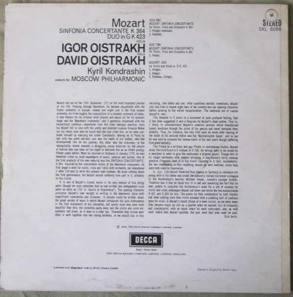 Master Release: Duo in G Major K423 / Sinfonia Concertante K364 by Wolfgang Amadeus Mozart