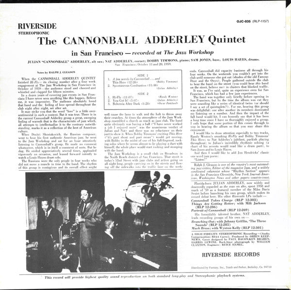 Release: The Cannonball Adderley Quintet In San Francisco-Vinyl-US-1982-OJC-035, RLP-1157-2681982