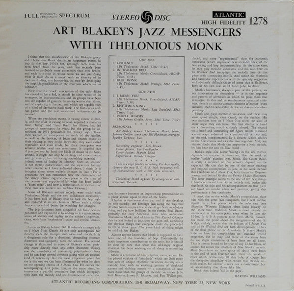 Release: Art Blakey's Jazz Messengers With Thelonious Monk-Vinyl-US-1977-SD 1278, 1278-3129649