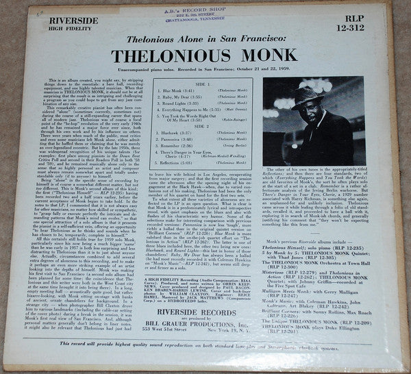 Release: Thelonious Alone In San Francisco-Vinyl-US-1960-RLP 12-312-10644642